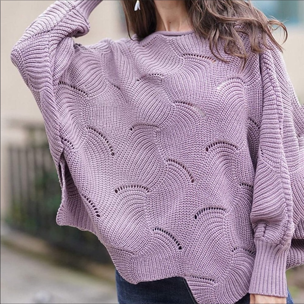 NEW Purple Oversized Scallop Crochet Knit Sweater - Picture 8 of 11